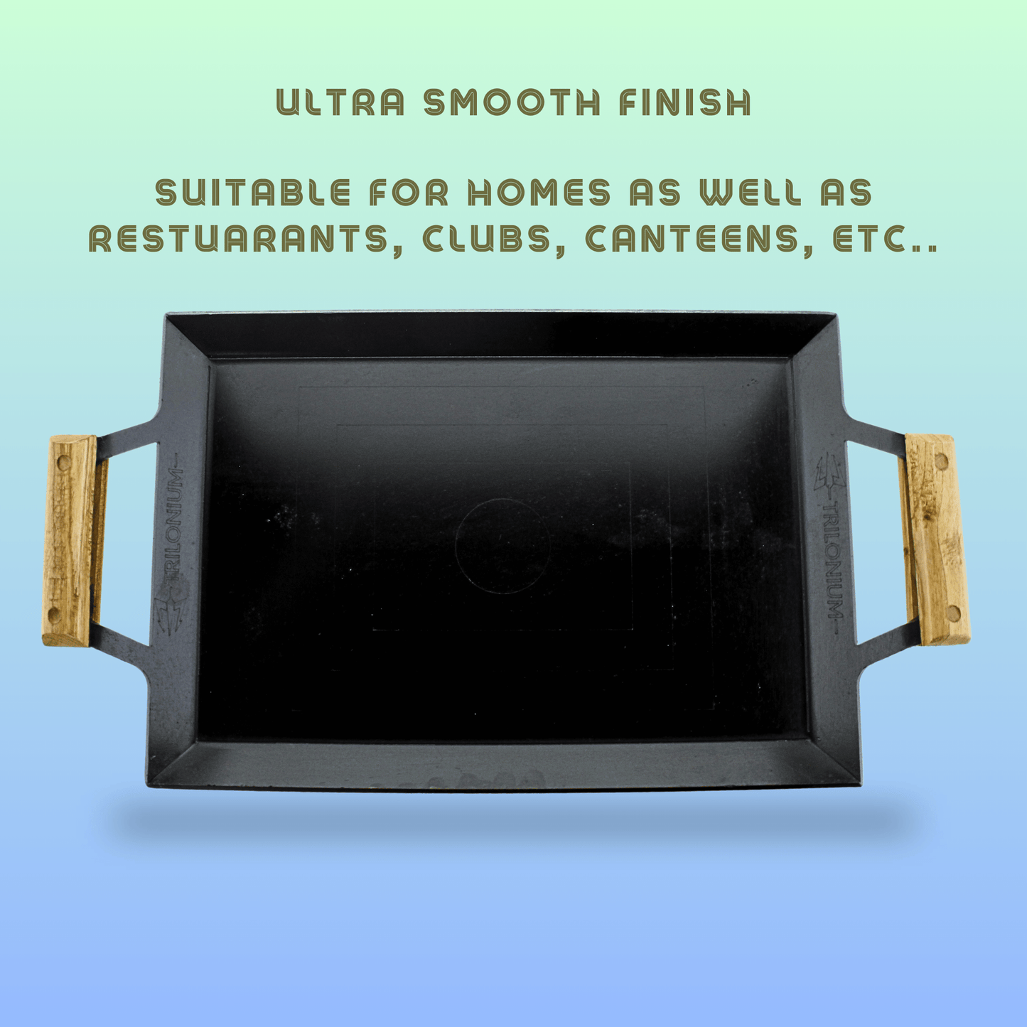 Trilonium Triple Seasoned Iron Rudra Multi Purpose Rectangular Griddle Tawa 44 x 30 cms with Wooden Handles