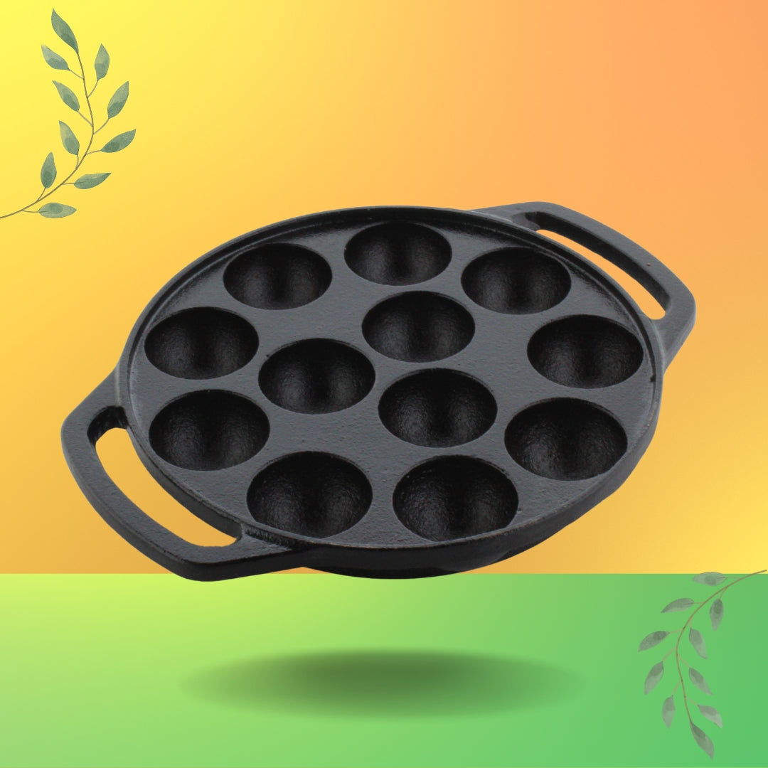 Trilonium Triple Seasoned Cast Iron 12 Pits Paniyaram Pan 8 inches