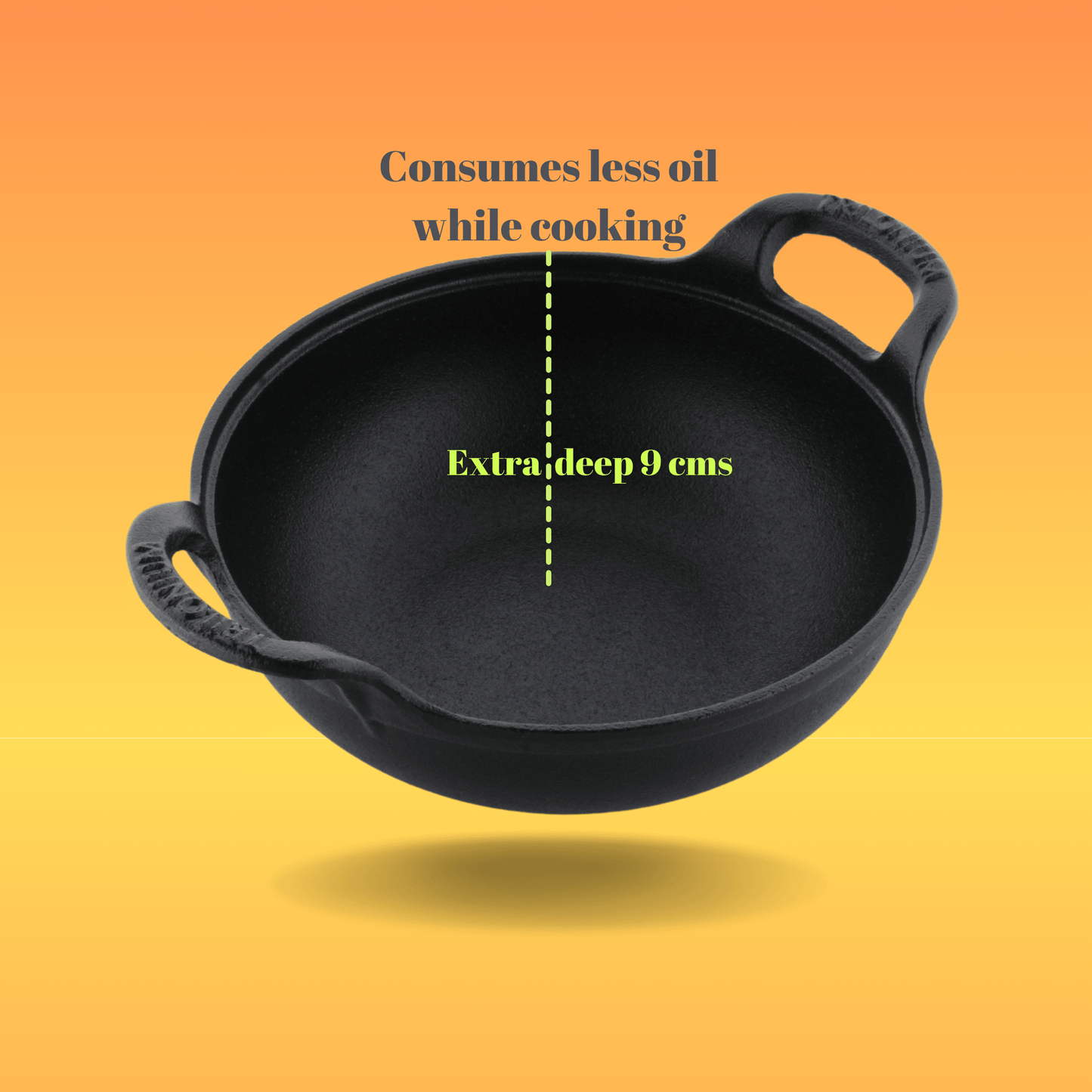 Trilonium Triple Seasoned Cast Iron CrockWok Kadhai 24 cms, 2.2 kgs