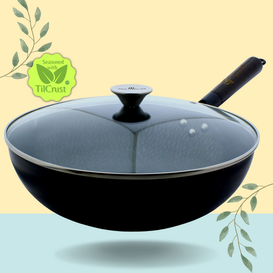 Trilonium Carbon Steel Chinese Wok 30 cms, Capacity: 4.75 Litres, With Toughened Glass Lid, Hammered finish and Pre-Seasoned, Weighs 1.2 Kgs