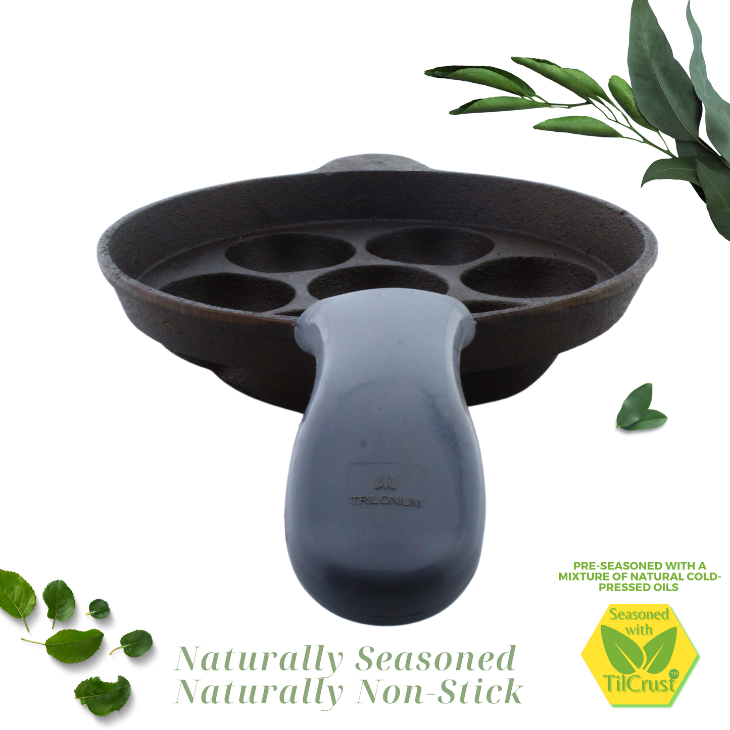 Cast Iron Paniyaram Pan 7 Pits | Pre-Seasoned | 7.6 Inches | 2 Kgs | Long Handle | with Silicone Sleeve | Induction Compatible