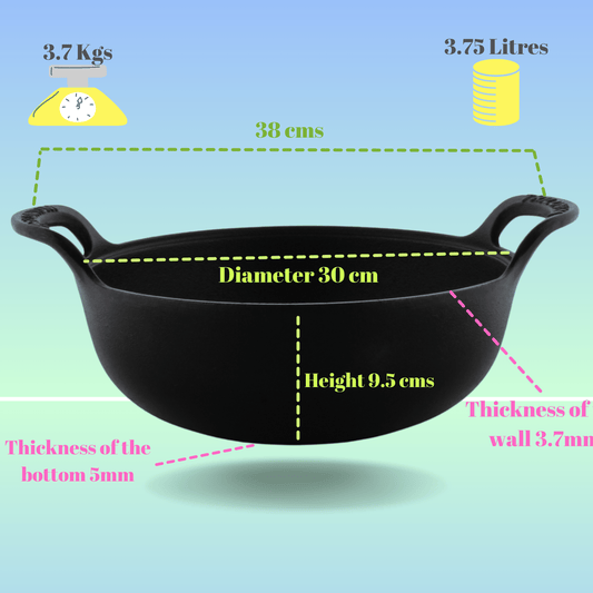 Trilonium Triple Seasoned Cast Iron CrockWok Kadhai 30 cms, 3.7 kgs With Lid
