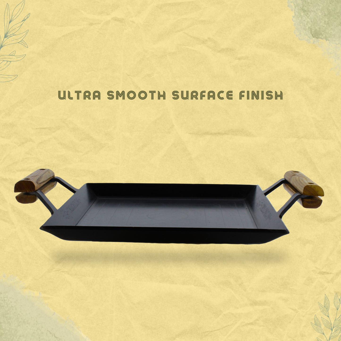 Trilonium Triple Seasoned Iron Rudra Multi Purpose Square Griddle Tawa 30x30 cms with Wooden Handles