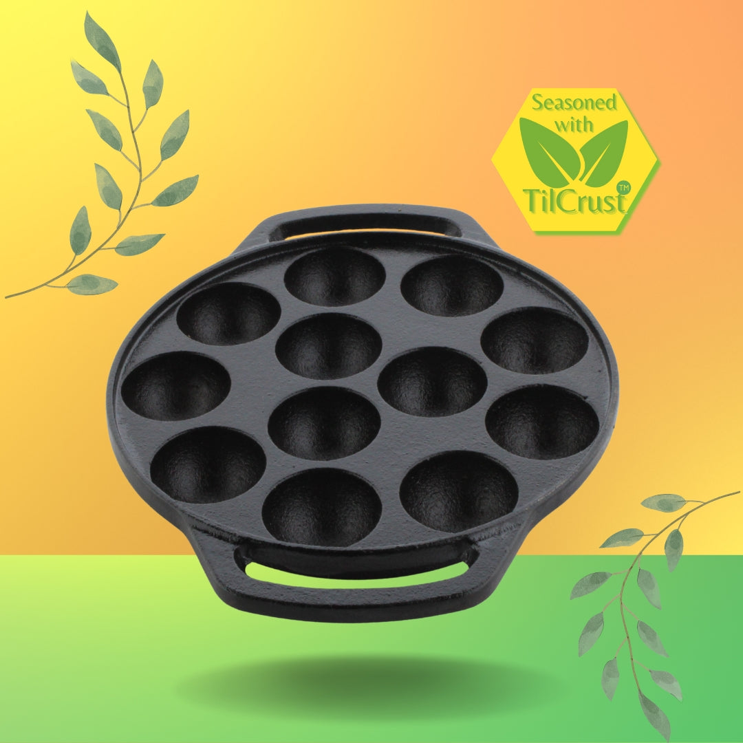 Trilonium Triple Seasoned Cast Iron 12 Pits Paniyaram Pan 8 inches