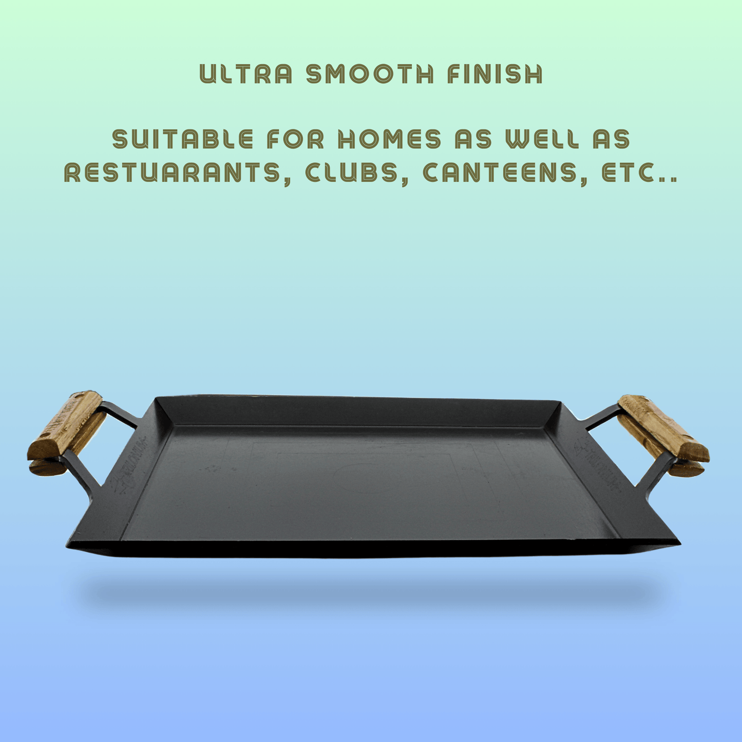 Trilonium Triple Seasoned Iron Rudra Multi Purpose Rectangular Griddle Tawa 44 x 30 cms with Wooden Handles
