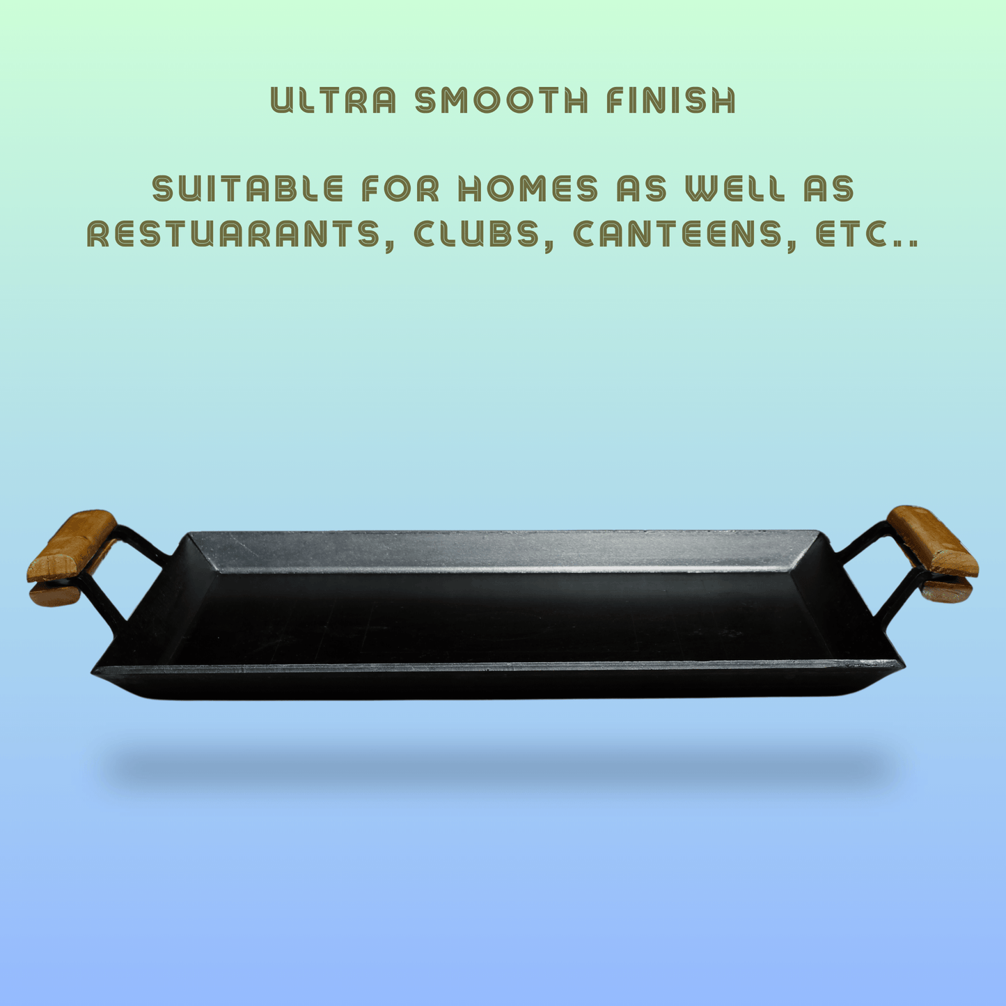 Trilonium Triple Seasoned Iron Rudra Multi Purpose Rectangular Griddle Tawa 44 x 30 cms with Wooden Handles