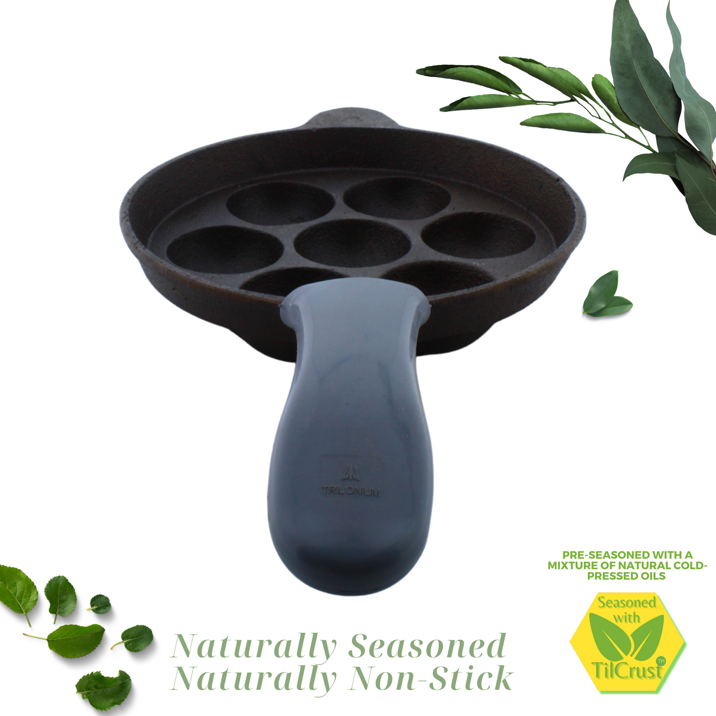 Cast Iron Paniyaram Pan 7 Pits | Pre-Seasoned | 7.6 Inches | 2 Kgs | Long Handle | with Silicone Sleeve | Induction Compatible