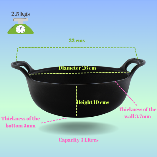 Trilonium Triple Seasoned Cast Iron CrockWok Kadhai 26 cms, 3 Litres, 2.5 Kgs with Lid