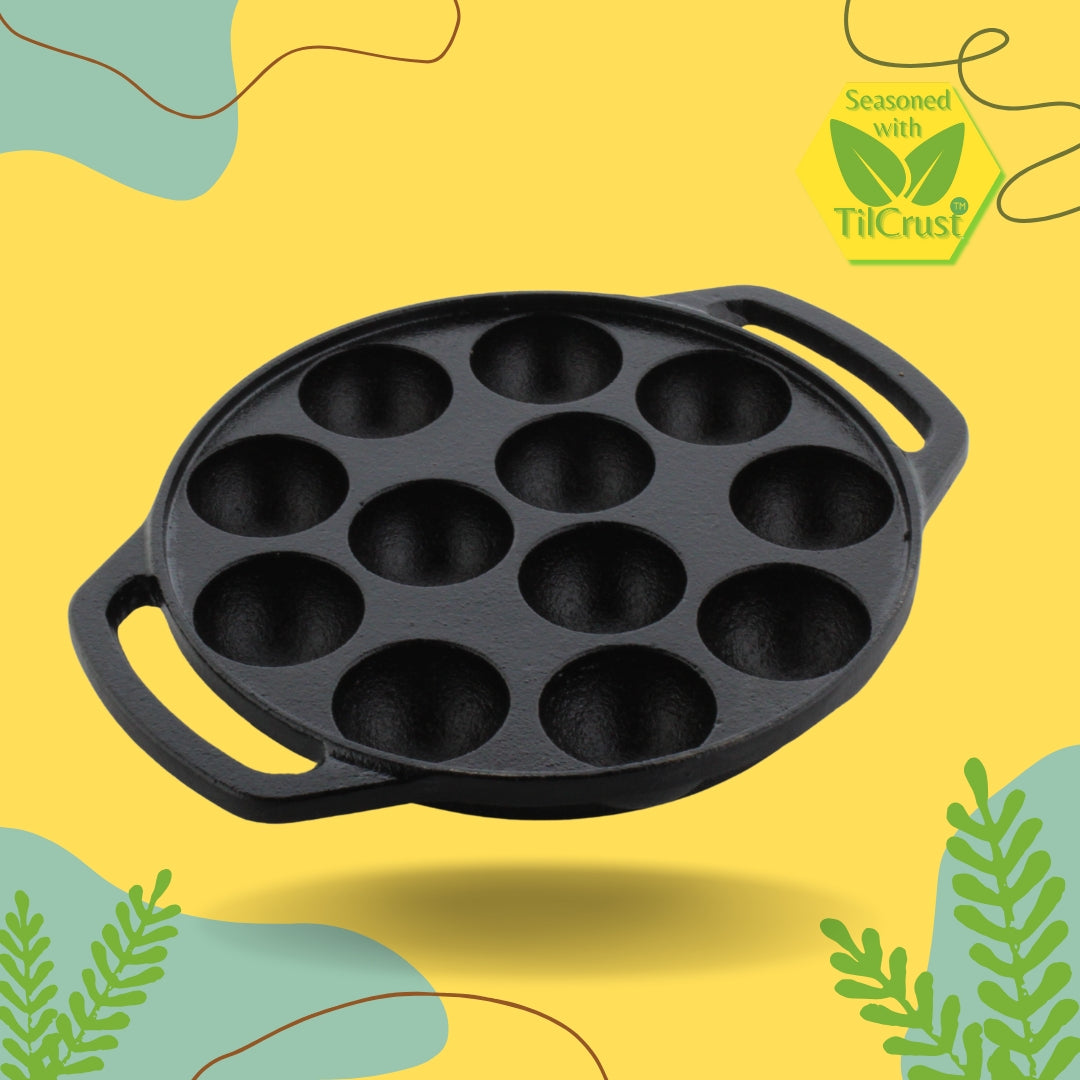 Trilonium Triple Seasoned Cast Iron 12 Pits Paniyaram Pan 8 inches