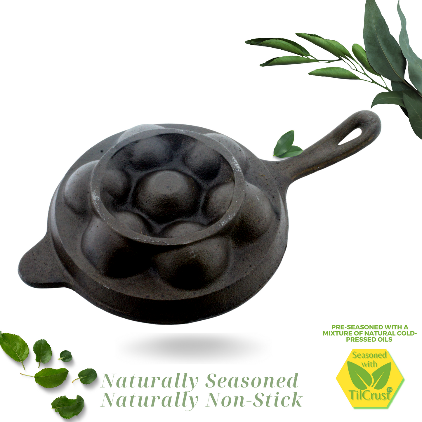 Cast Iron Paniyaram Pan 7 Pits | Pre-Seasoned | 7.6 Inches | 2 Kgs | Long Handle | with Silicone Sleeve | Induction Compatible