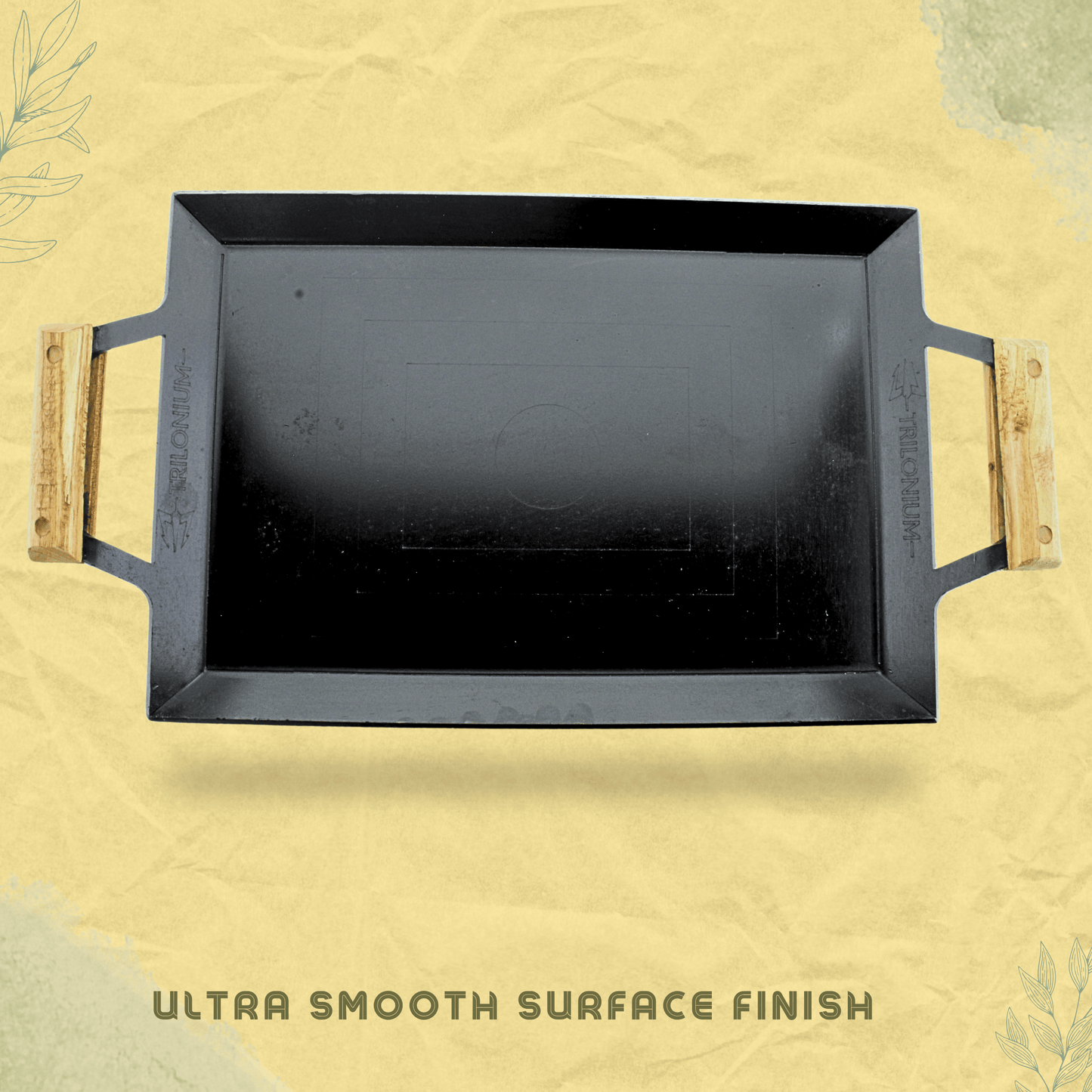 Trilonium Triple Seasoned Iron Rudra Multi Purpose Rectangular Griddle Tawa 44 x 30 cms with Wooden Handles