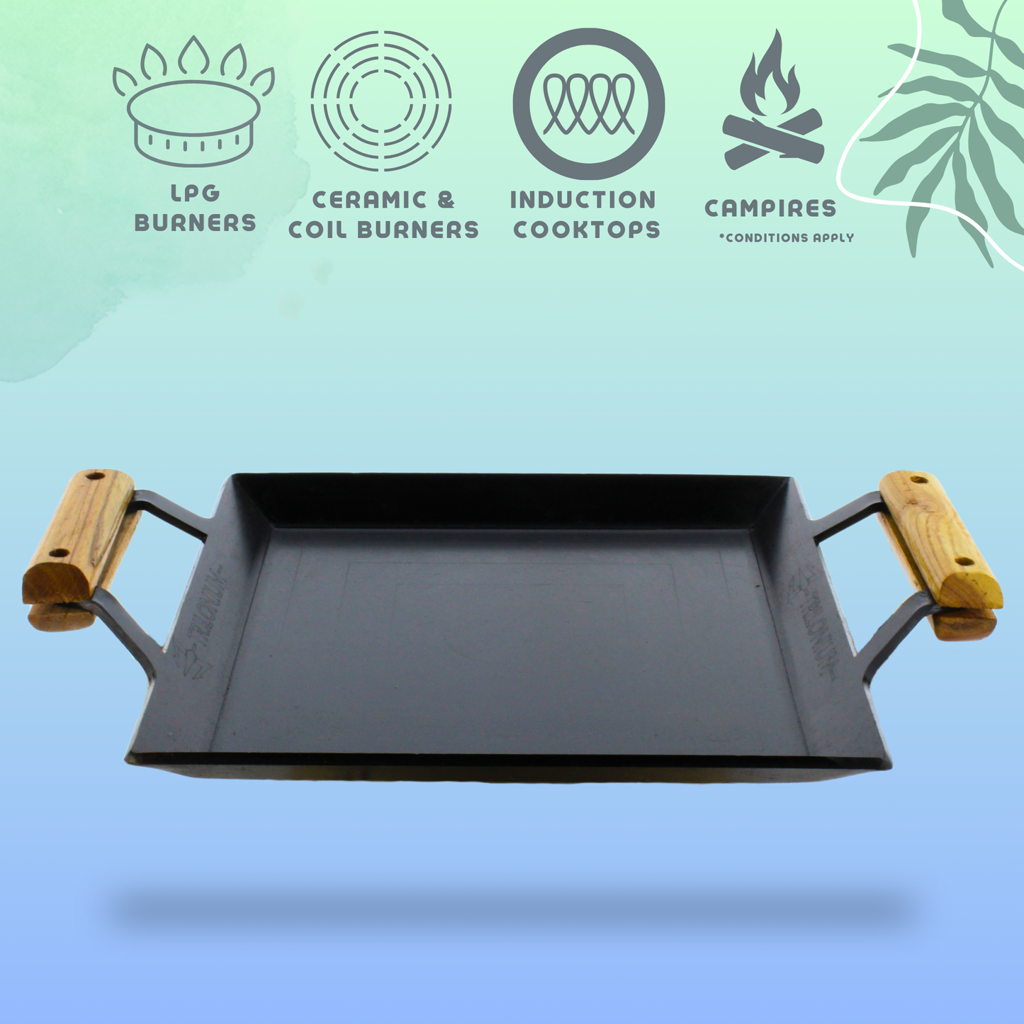 Trilonium Triple Seasoned Iron Rudra Multi Purpose Square Griddle Tawa 30x30 cms with Wooden Handles
