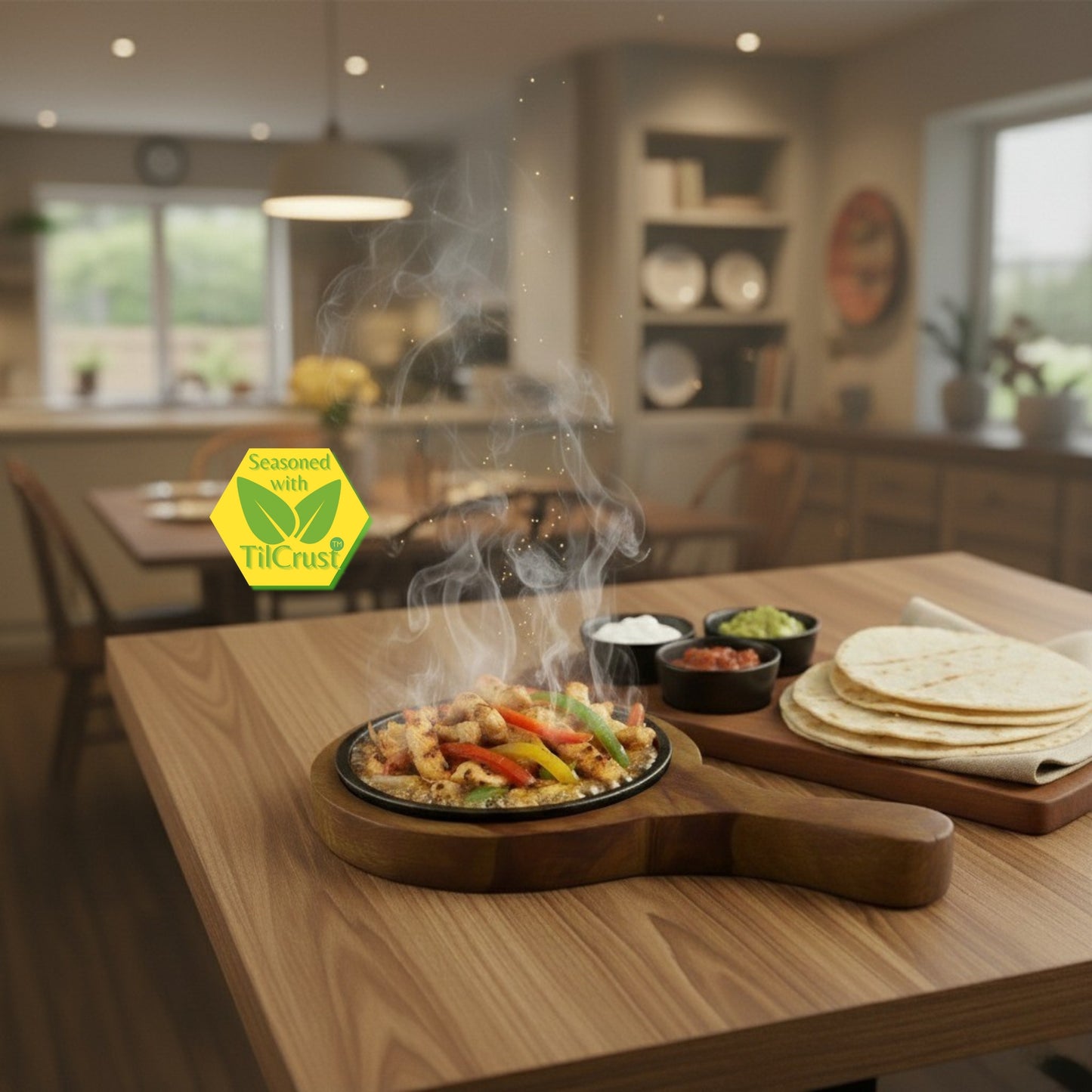 Trilonium Pre-Seasoned Cast Iron Sizzler Plate With Wooden Base | 5 inches | 0.62 Kgs