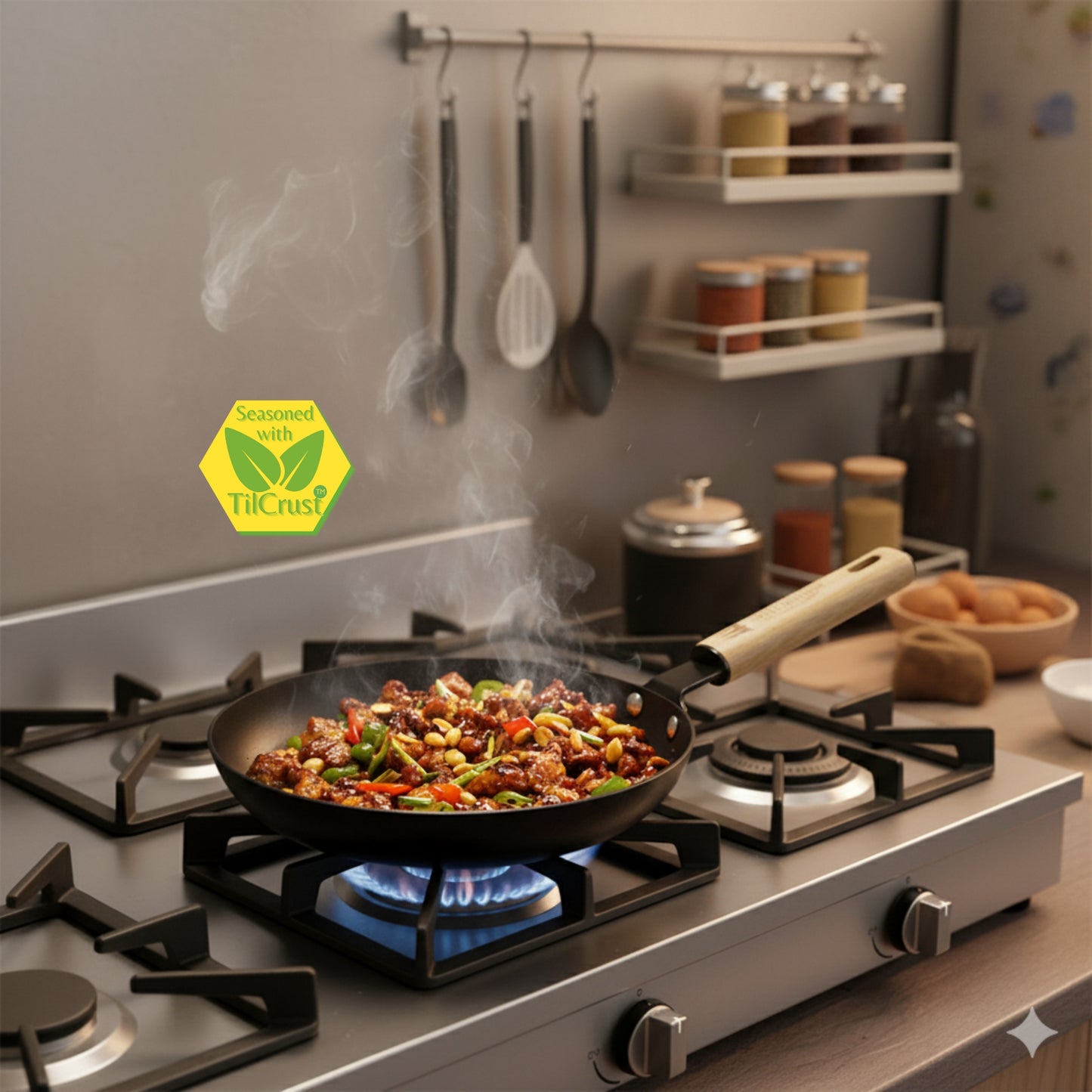 Trilonium Pre-Seasoned Carbon Steel Skillet Fry Pan 22 cms, Weighs 0.85 Kgs