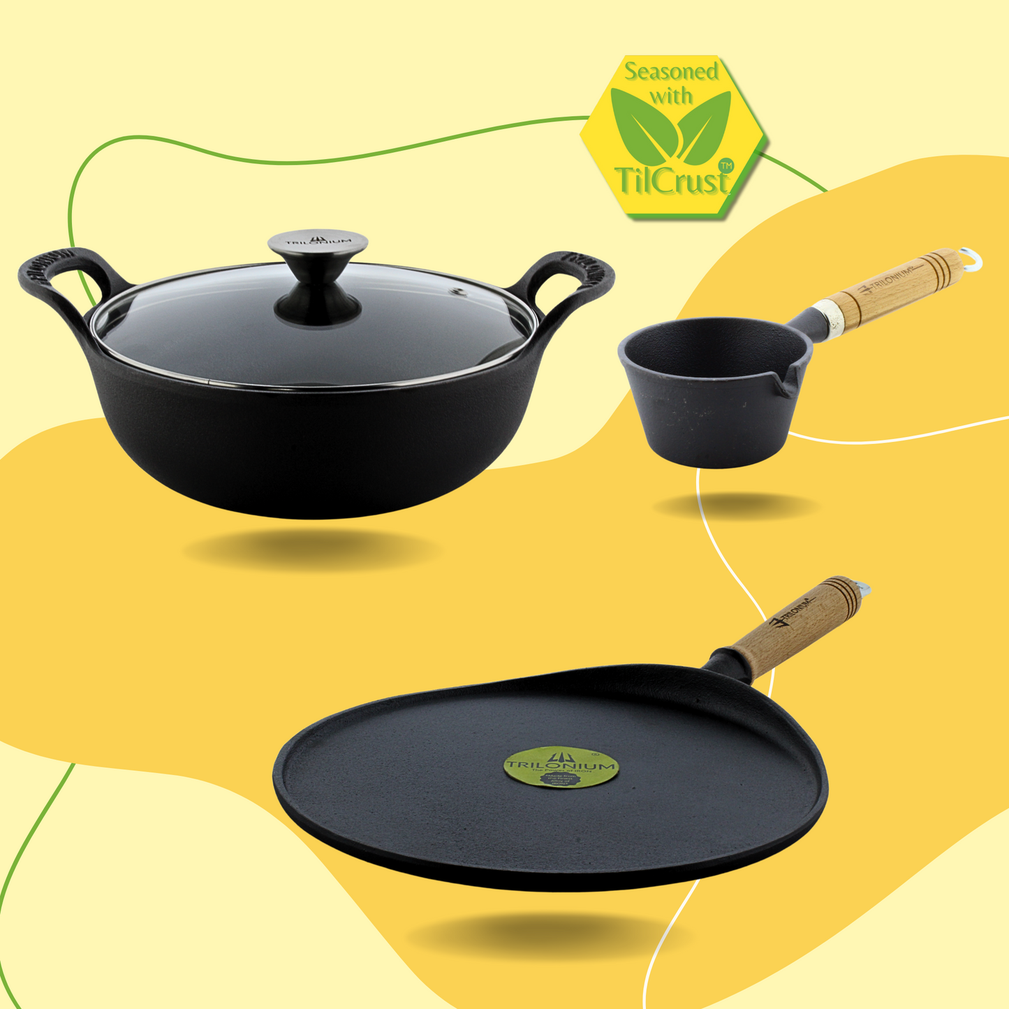Trilonium CrockWok Kadhai 24cm with Lid + WHT11 Tawa + Tadka Pan 11cms combo set