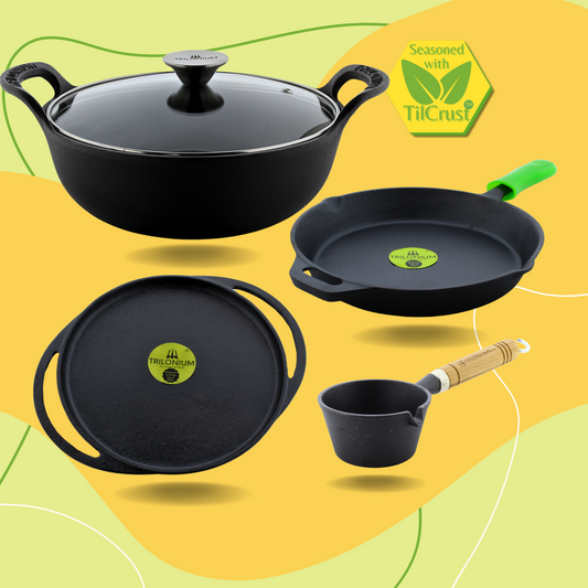 Trilonium CrockWok 24cm with lid + Infinity tawa 28cm + tadka pan 11cm + Sleek Skillet 30cm