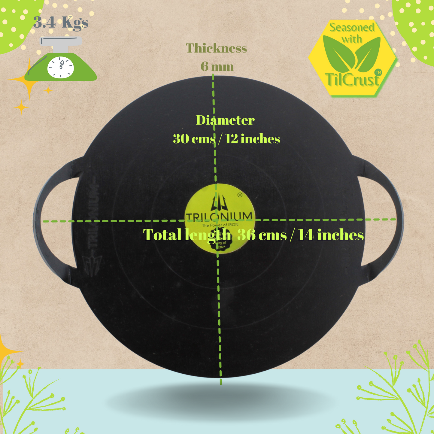 Trilonium Triple-Seasoned Iron Boulder Ultra Smooth Dosa Tawa 30 cms, 3.4 Kgs
