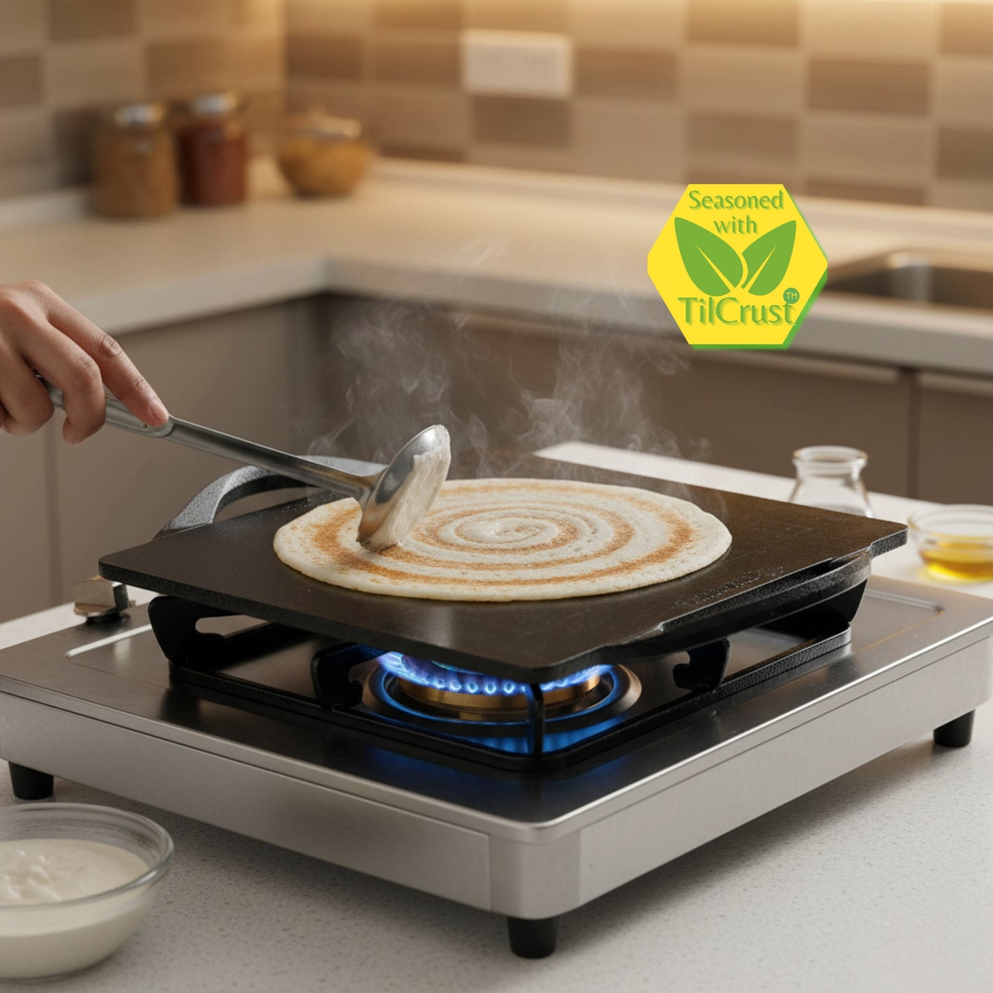 Trilonium Triple-Seasoned Iron Boulder Square Griddle pathri Tawa 30 x 30 cms , Ultra Smooth, Weights 5.8 Kgs