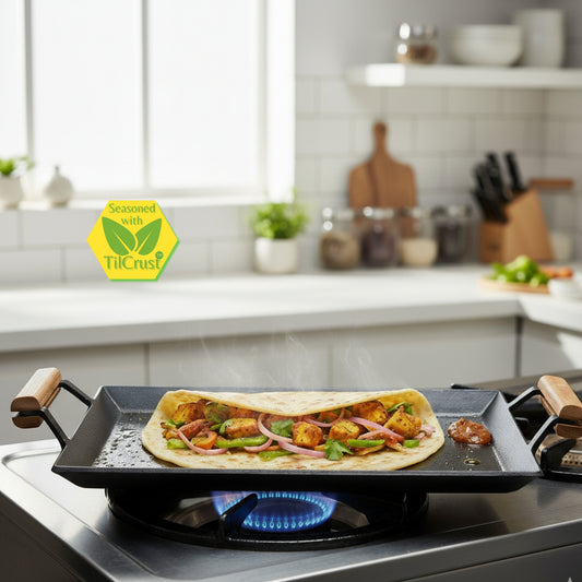 Trilonium Triple Seasoned Iron Rudra Multi Purpose Rectangular Griddle Tawa 44 x 30 cms with Wooden Handles