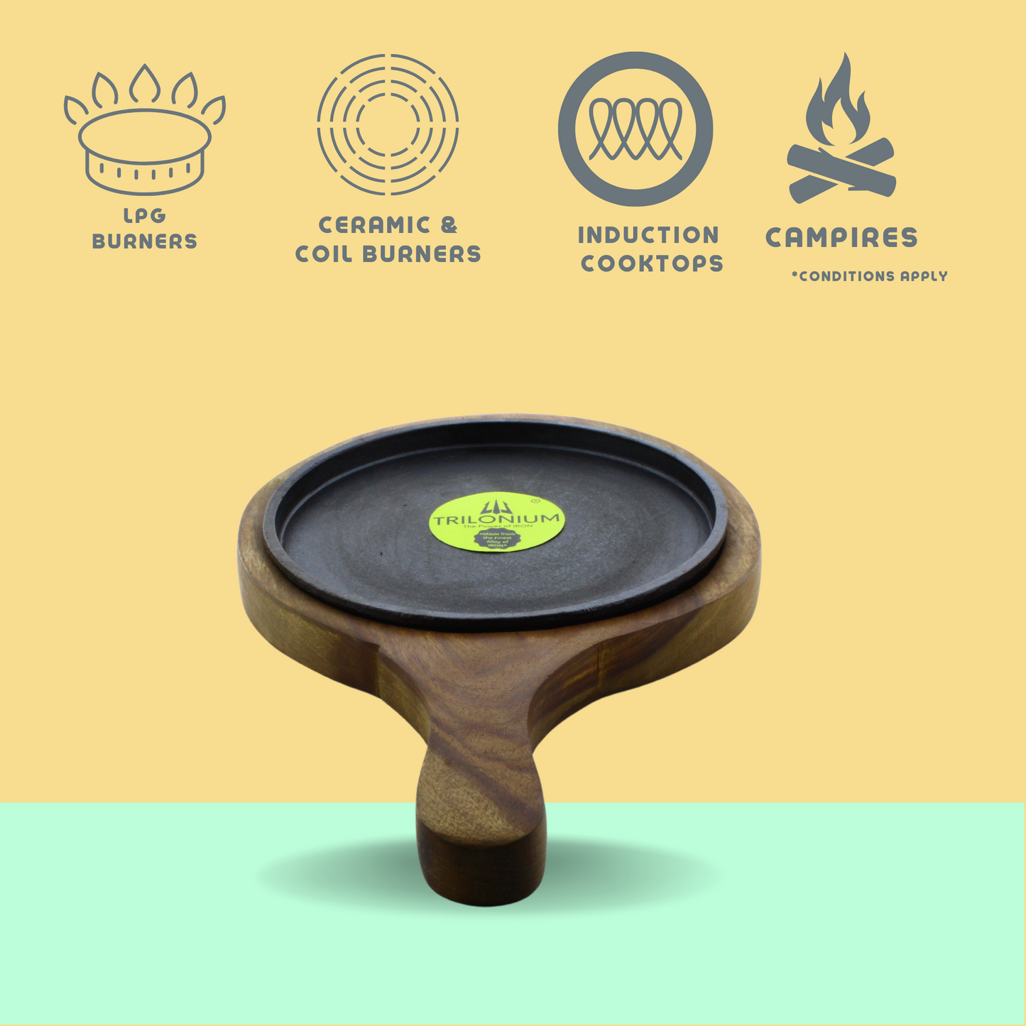 Trilonium Pre-Seasoned Cast Iron Sizzler Plate With Wooden Base | 8 inches | 1.67 Kgs