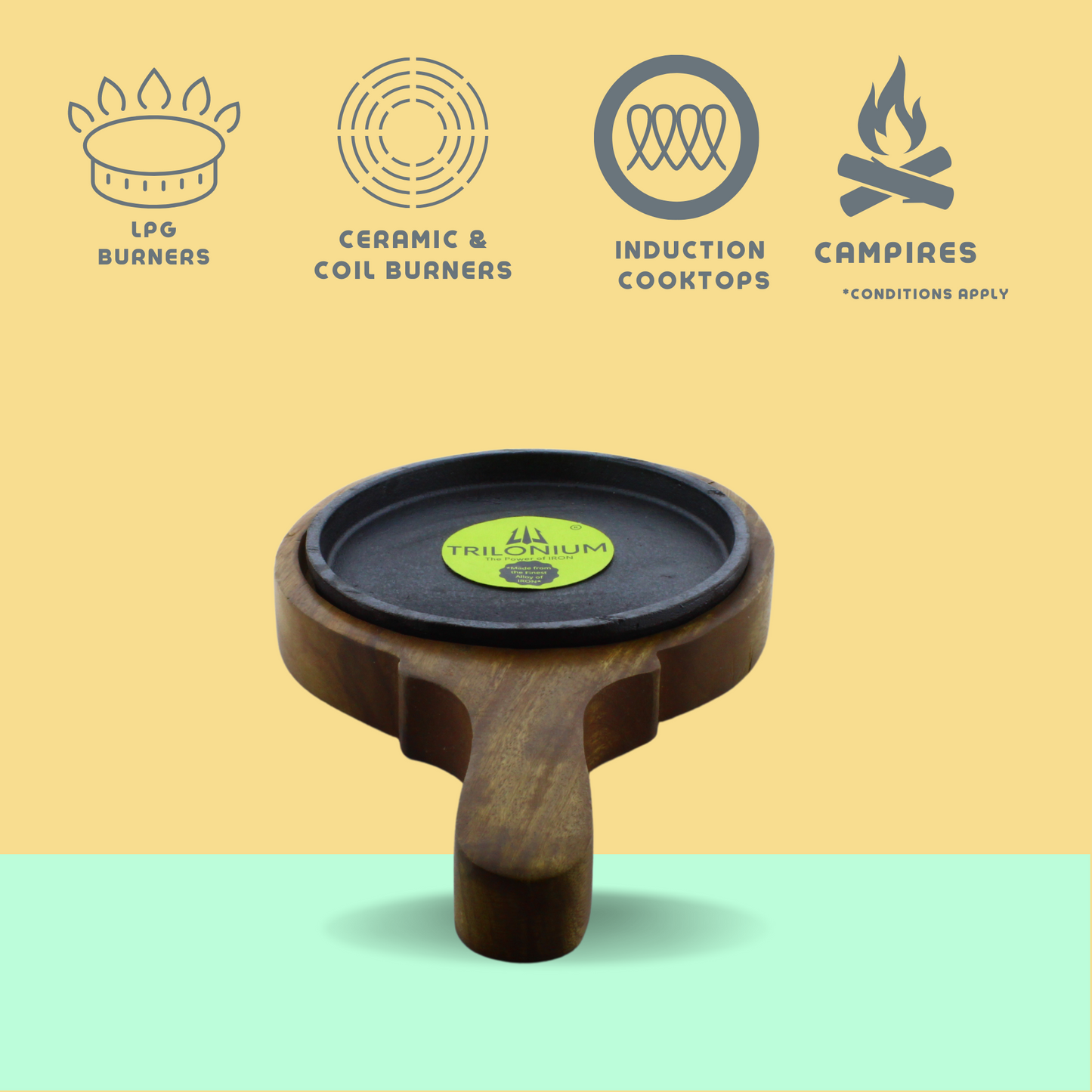 Trilonium Pre-Seasoned Cast Iron Sizzler Plate With Wooden Base | 6 inches | 1.16 Kgs