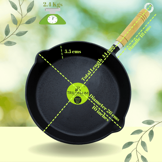 Trilonium Cast Iron Wooden handle Skillet 26 cms | Pre-Seasoned with TilCrust™ | Weighs 2.4 Kgs | Induction Compatible