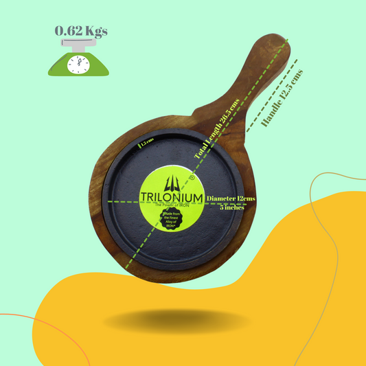 Trilonium Pre-Seasoned Cast Iron Sizzler Plate With Wooden Base | 5 inches | 0.62 Kgs