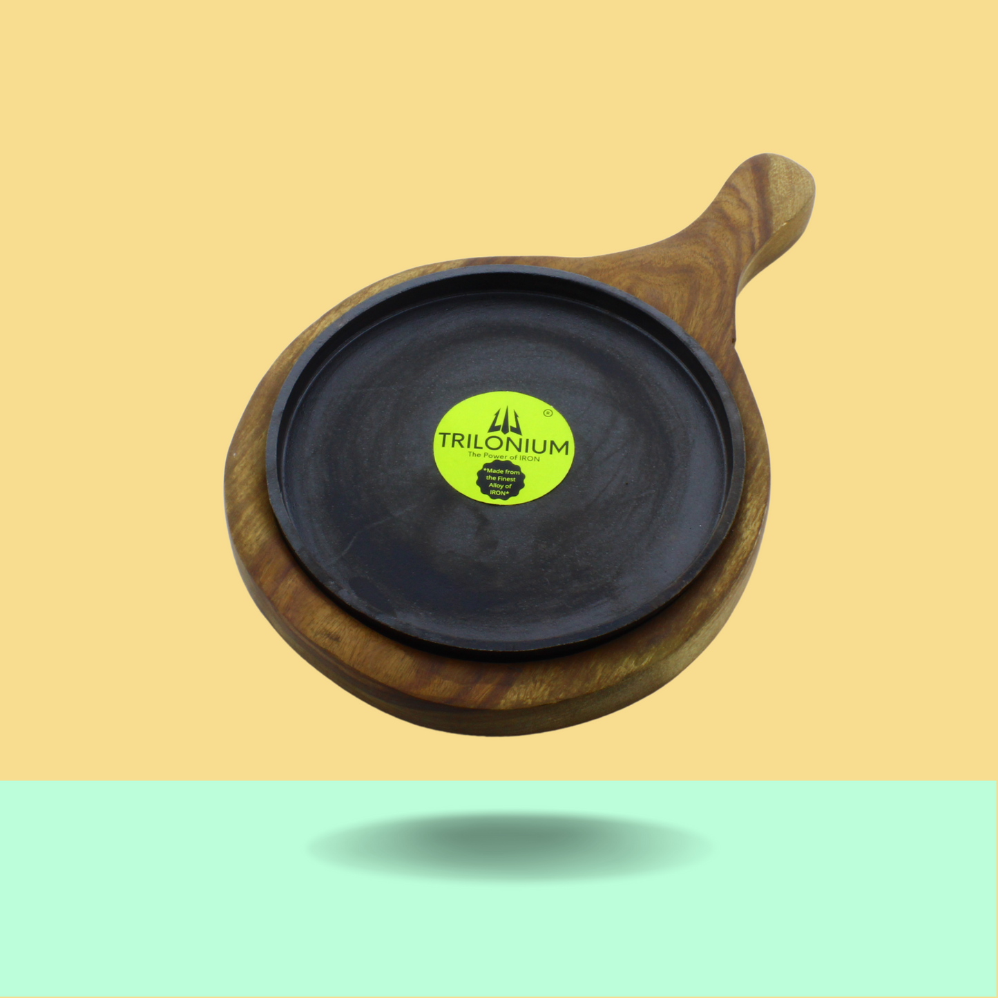 Trilonium Pre-Seasoned Cast Iron Sizzler Plate With Wooden Base | 8 inches | 1.67 Kgs