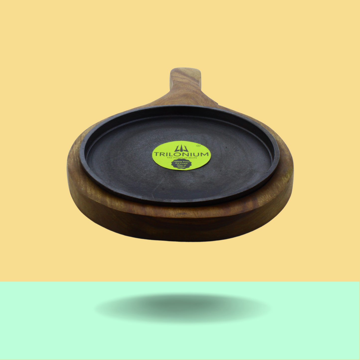 Trilonium Pre-Seasoned Cast Iron Sizzler Plate With Wooden Base | 8 inches | 1.67 Kgs