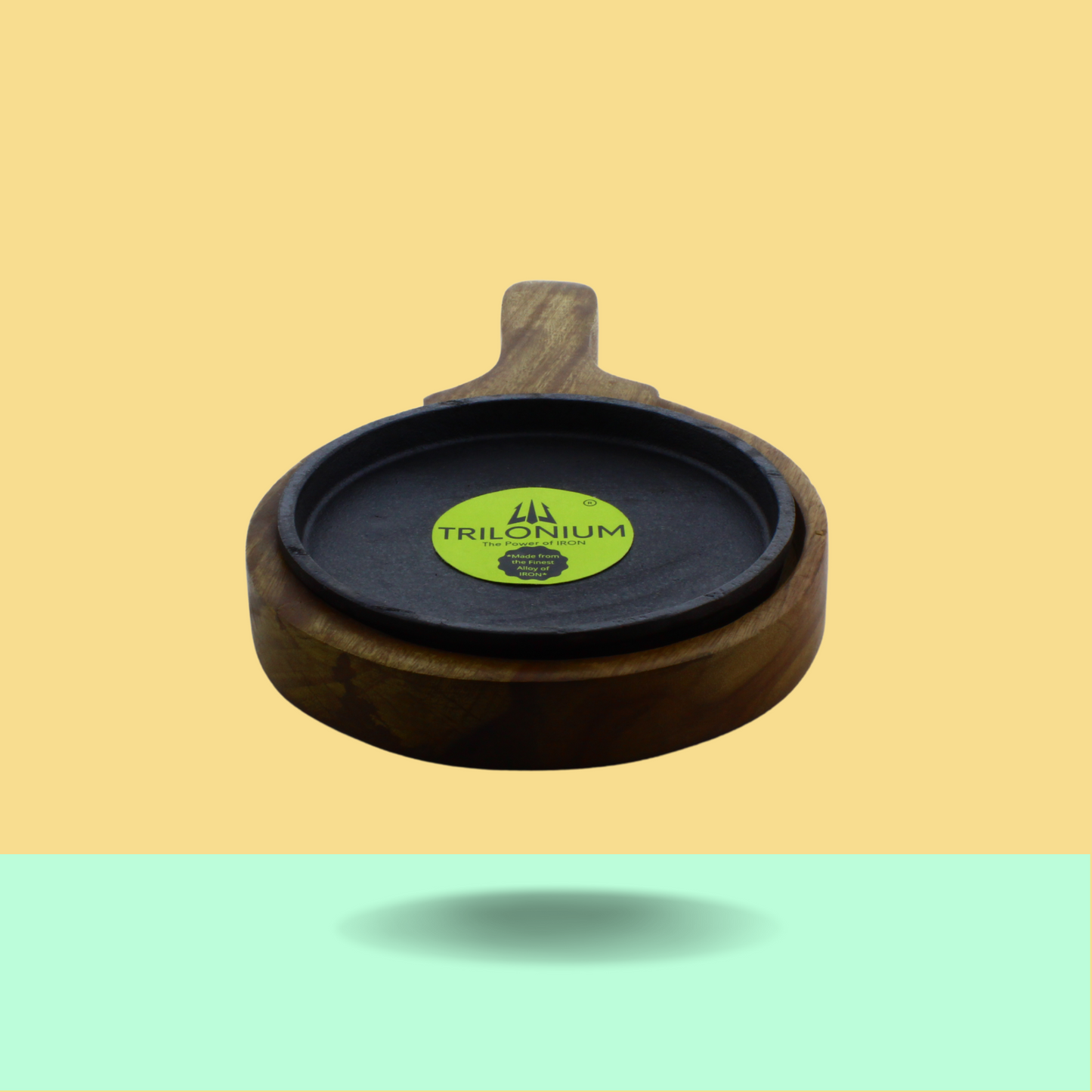 Trilonium Pre-Seasoned Cast Iron Sizzler Plate With Wooden Base | 6 inches | 1.16 Kgs