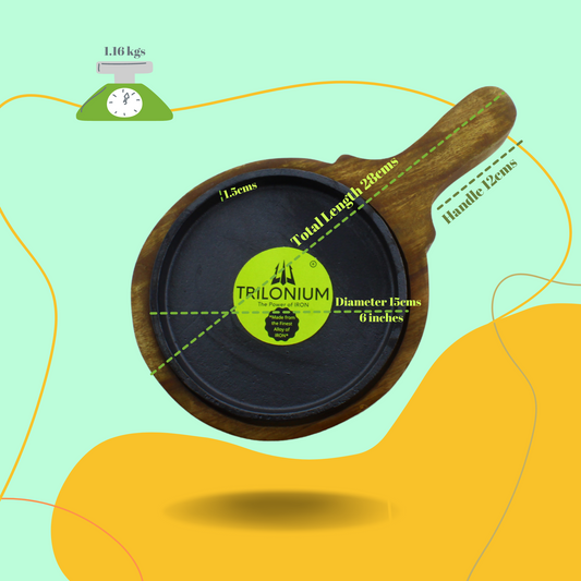 Trilonium Pre-Seasoned Cast Iron Sizzler Plate With Wooden Base | 6 inches | 1.16 Kgs