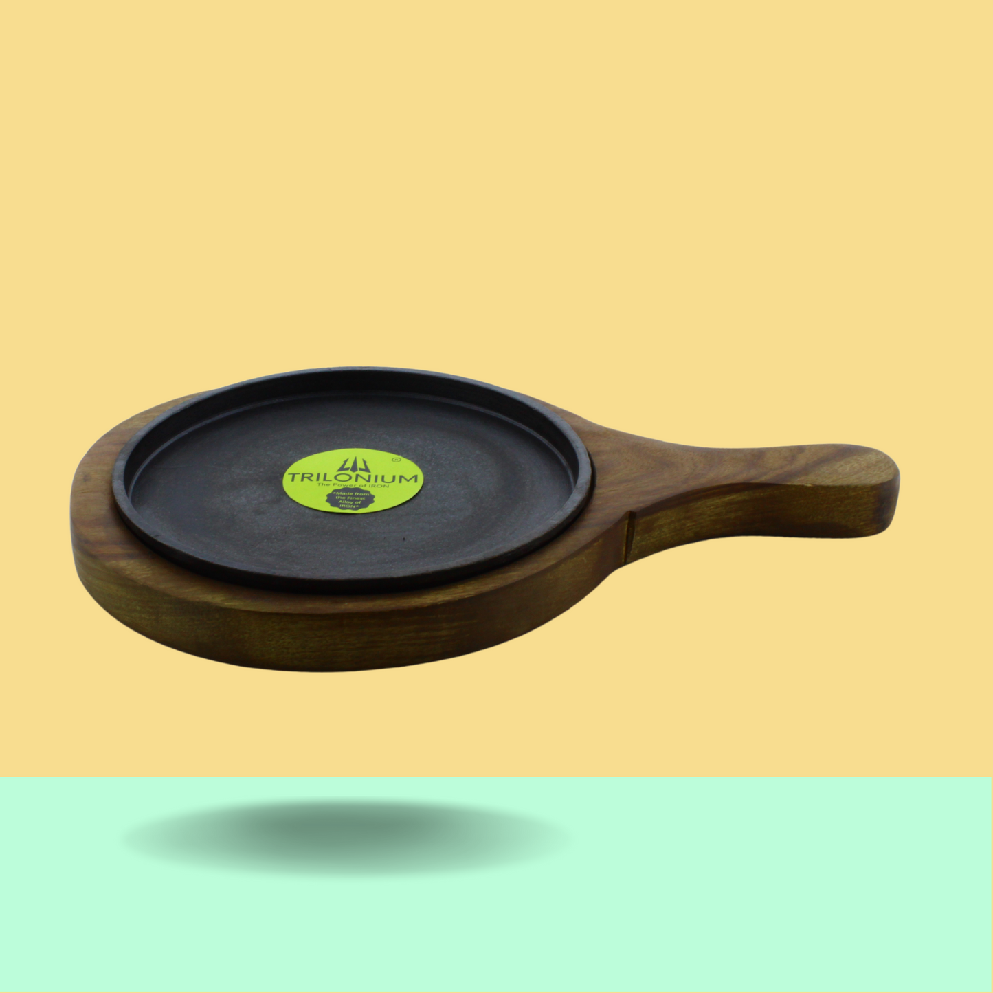 Trilonium Pre-Seasoned Cast Iron Sizzler Plate With Wooden Base | 8 inches | 1.67 Kgs