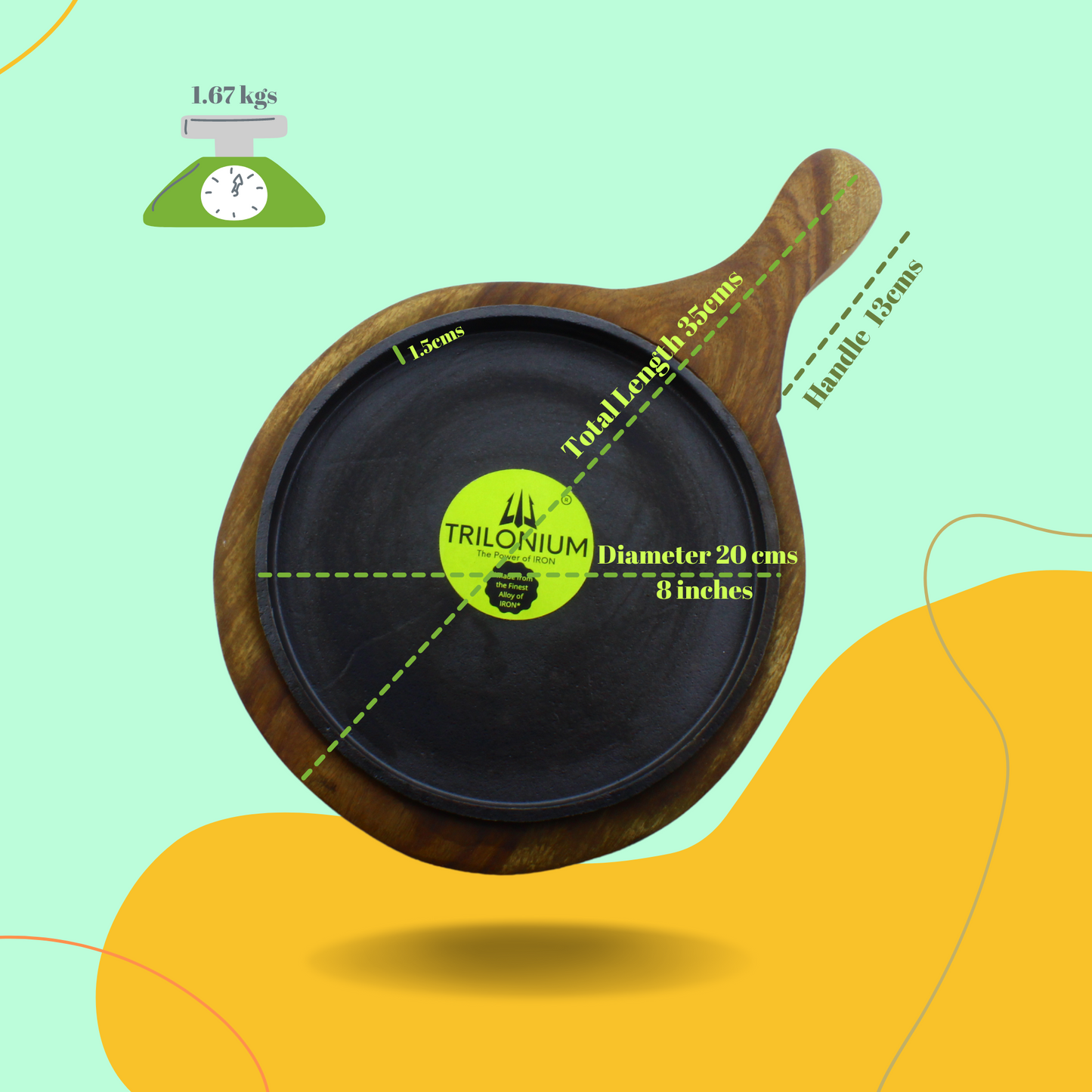 Trilonium Pre-Seasoned Cast Iron Sizzler Plate With Wooden Base | 8 inches | 1.67 Kgs