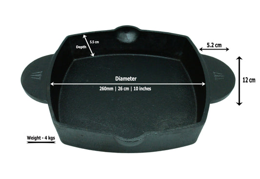 Cast Iron Skillet | Pre-Seasoned | 26cm | 4 KG | Dual Handle | Square | Induction Compatible TRILONIUM | Cast Iron Cookware