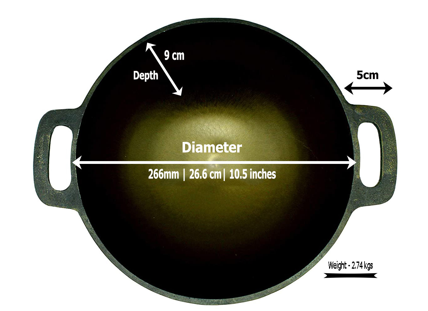 Cast Iron Kadai | Pre-Seasoned | 10.5 inches | 2.74 KG TRILONIUM | Cast Iron Cookware