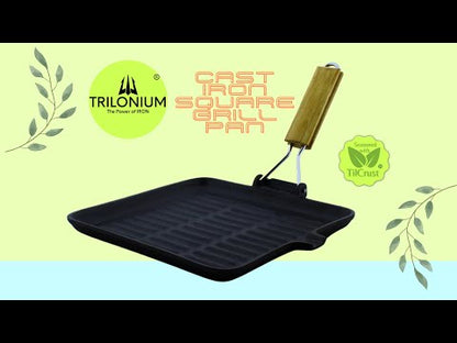 Trilonium Pre-Seasoned Cast Iron Square Grill Pan with Foldable Handle, 24cm, 1.5 Kgs
