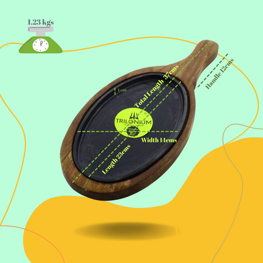 Trilonium Pre-Seasoned Cast Iron Sizzler Plate With Wooden Base | Oval | 1.23 Kgs