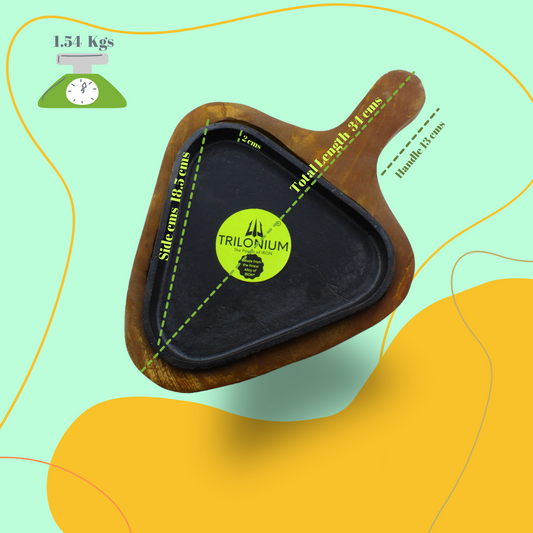 Trilonium Pre-Seasoned Cast Iron Sizzler Plate With Wooden Base | Triangle | 1.54 Kgs