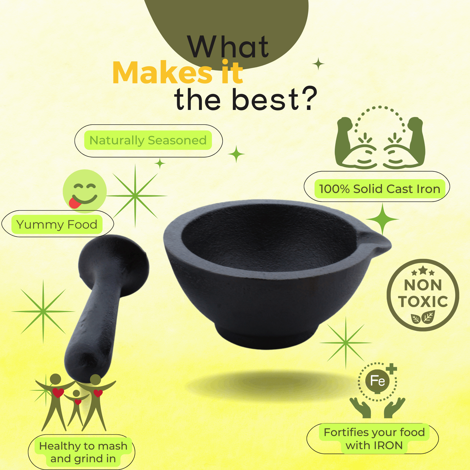 Cast Iron Khal batta | Mortar and Pestle set - Herbs and spice masher | Pre-Seasoned | 11 cms