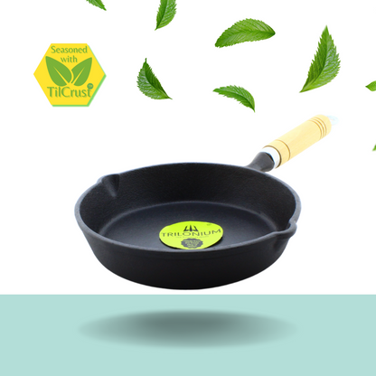 Trilonium Cast Iron Wooden handle Skillet 20 cms | Pre-Seasoned with TilCrust™ | Weighs 1.2 Kgs | Induction Compatible