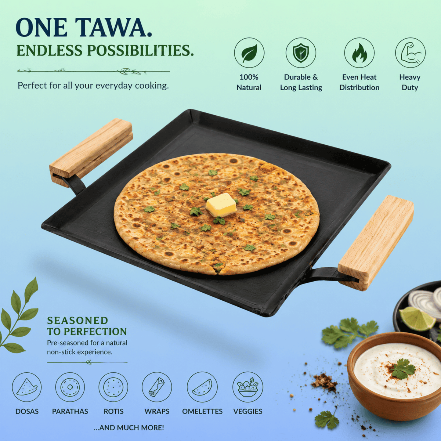 Trilonium Tejas Triple Seasoned Iron Tawa Square – 28x28 cm, Weighs 3.5 Kgs | Toxin-Free, Lifetime Warranty