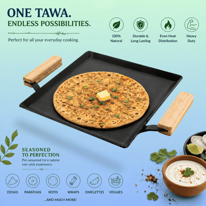 Trilonium Tejas Triple Seasoned Iron Tawa Square – 28x28 cm, Weighs 3.5 Kgs | Toxin-Free, Lifetime Warranty