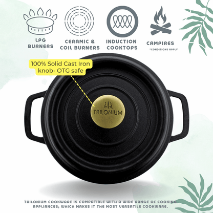 Trilonium Pre-Seasoned Cast Iron Dutch Oven Pot, Casserole, Biryani Pot, Cooking Pot, 24cm