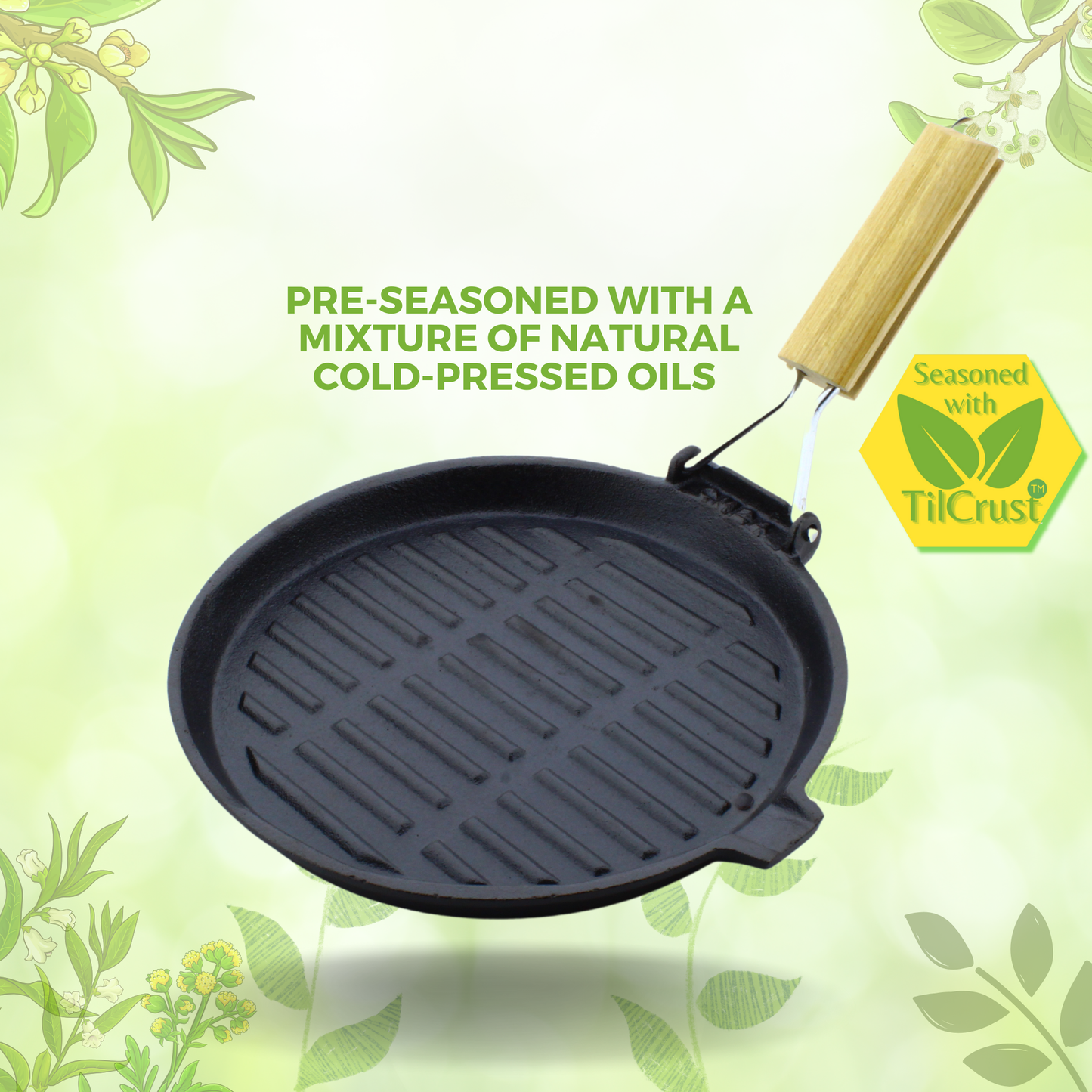 Cast Iron round Grill Pan with Foldable Handle | Pre-Seasoned | 24cm | 1.63 Kgs | Induction Compatible