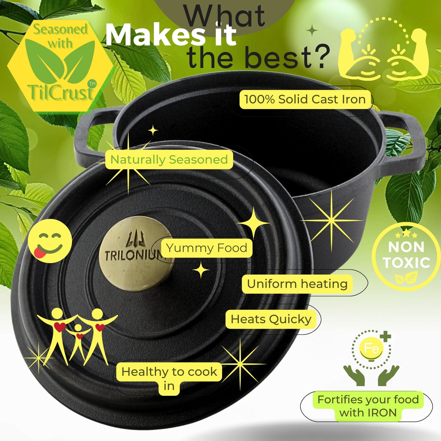 Trilonium Pre-Seasoned Cast Iron Dutch Oven Pot, Casserole, Biryani Pot, Cooking Pot, 28cm