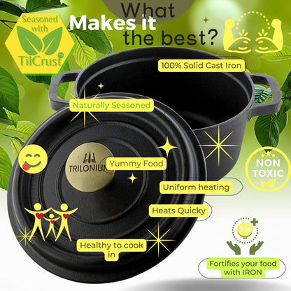 Trilonium Pre-Seasoned Cast Iron Dutch Oven Pot, Casserole, Biryani Pot, Cooking Pot, 28cm