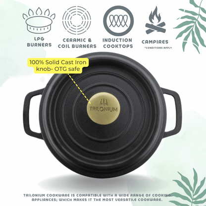 Trilonium Pre-Seasoned Cast Iron Dutch Oven Pot, Casserole, Biryani Pot, Cooking Pot, 22cm, 3 Litres, 3.7 Kgs