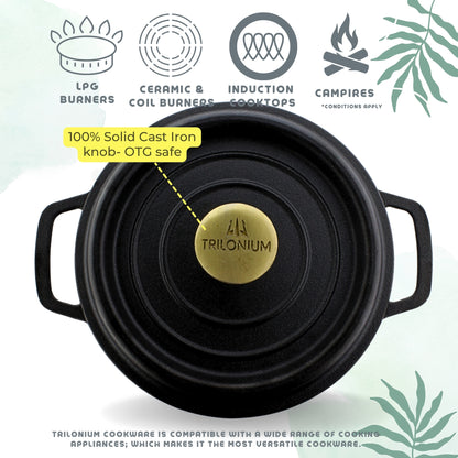 Trilonium Pre-Seasoned Cast Iron Dutch Oven Pot, Casserole, Biryani Pot, Cooking Pot, 28cm