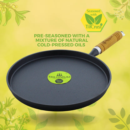 Trilonium Pre-seasoned Cast Iron Wooden Handle Tawa 10 inches | Weighs 1.4 kgs