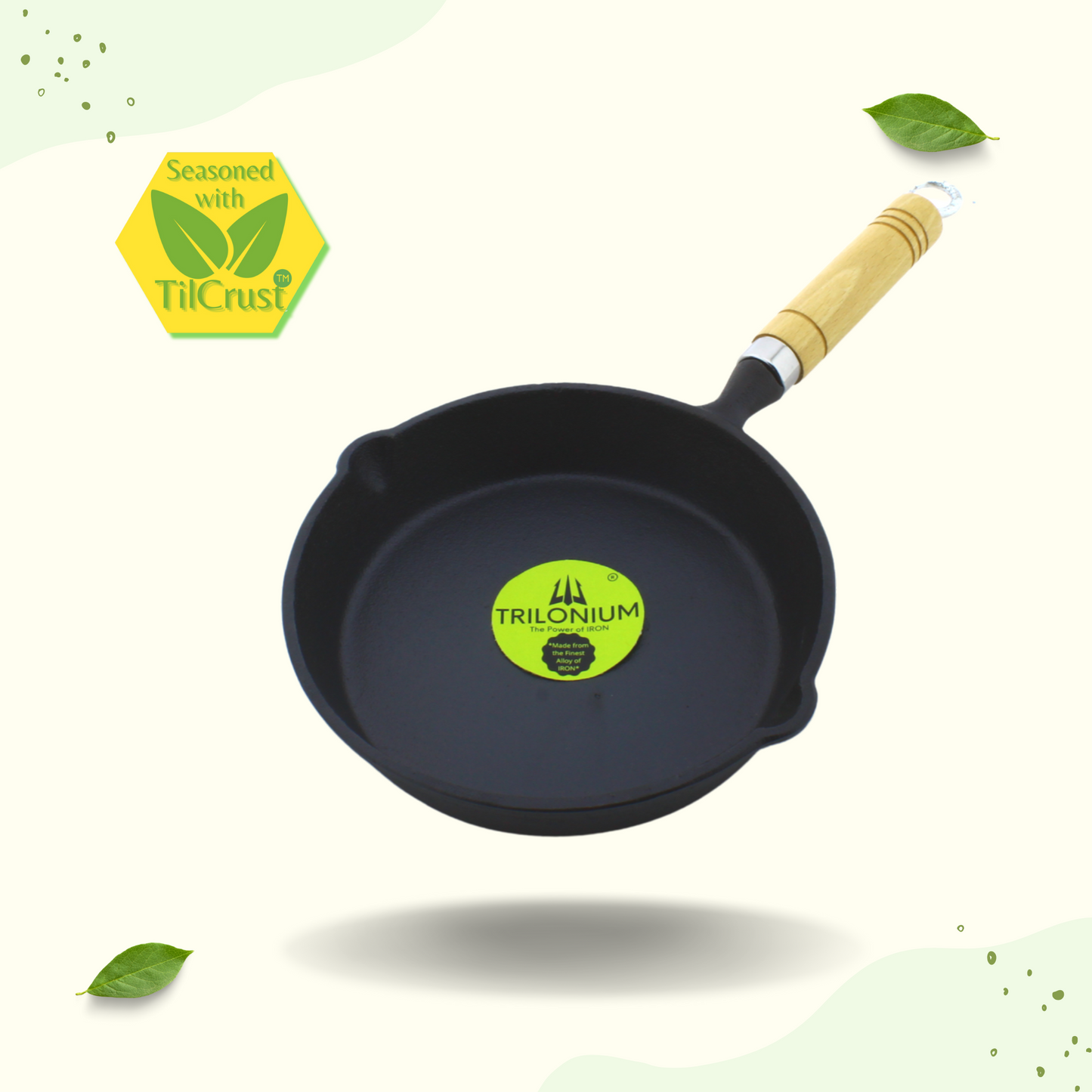 Trilonium Cast Iron Wooden handle Skillet 20 cms | Pre-Seasoned with TilCrust™ | Weighs 1.2 Kgs | Induction Compatible